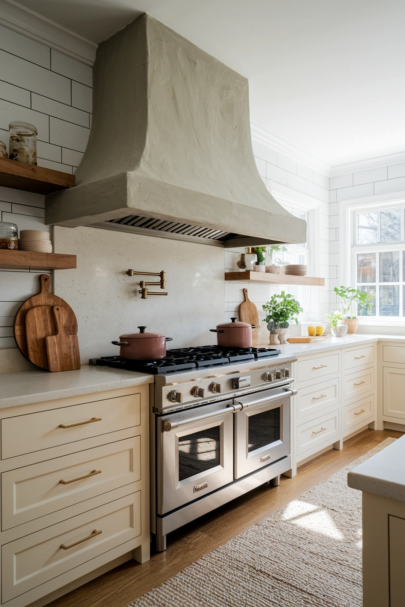 Realistic modern editorial kitchen photograph featuring a dramatic plaster range hood above a professional cooker, warm white cabinetry, pale stone splashback, natural oak details, soft brass accents, balanced symmetrical styling, clean counters, gentle natural daylight, strong focus on the sculptural range hood, luxurious but achievable home interior, Pinterest and blog-friendly composition, no people, no text overlay, high-resolution photography, 2:3 vertical aspect ratio, small subtle “AstheticHaven” watermark in the lower corner.