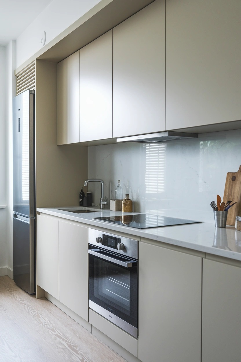 Realistic modern editorial photograph of a small apartment kitchen with slimline dishwasher, compact built-in oven, narrow refrigerator, two-zone induction hob, pale handleless cabinets, light quartz worktops, integrated storage, bright window light, clean uncluttered styling, strong focus on compact space-saving appliances, no people, no text overlay, high-quality Pinterest and blog-friendly 2:3 vertical composition, subtle “AstheticHaven” watermark in the lower corner.