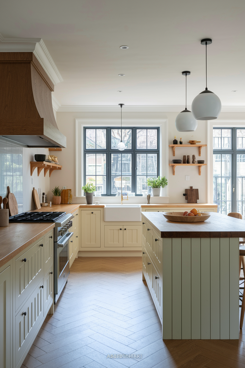 Realistic modern editorial photograph of a thoughtfully designed open-plan kitchen showing a practical L-shaped layout with a central island, clearly defined cooking, washing, preparation, and dining zones, warm white cabinets, natural oak details, uncluttered worktops, wide walkways, soft daylight from large windows, balanced proportions, clean blog-friendly styling, Pinterest-worthy composition, strong focus on the functional kitchen layout, no people, no text overlay, high-resolution interior photography, 2:3 vertical aspect ratio, small subtle “AstheticHaven” watermark in the bottom corner.