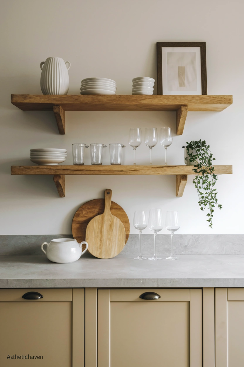 Realistic modern editorial photograph of two natural oak floating shelves above a pale stone kitchen worktop, carefully arranged white ceramics, clear glassware, a small trailing plant, wooden chopping boards, and one framed art piece, warm neutral cabinets below, soft daylight, balanced negative space, clean uncluttered styling, strong focus on the open shelving display, no people, no text overlay, premium Pinterest and blog-friendly 2:3 vertical aspect ratio, subtle “AstheticHaven” watermark near the bottom.