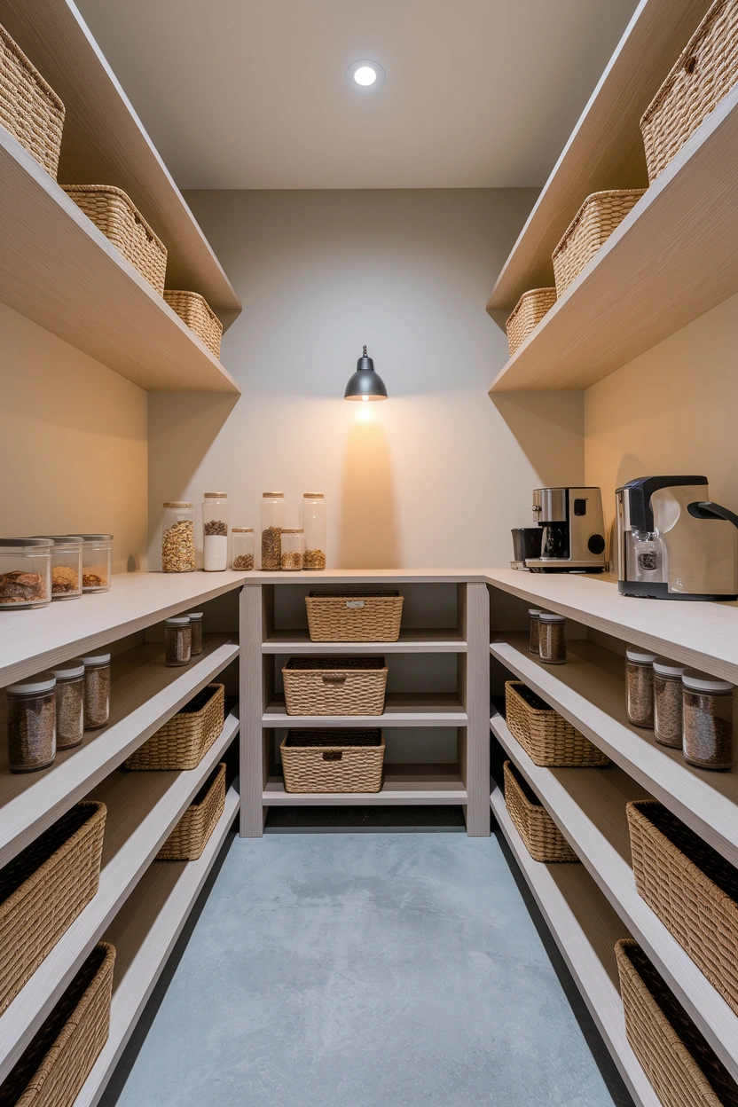 Realistic modern editorial photograph of a beautifully organised walk-in kitchen pantry with adjustable oak shelving, pull-out baskets, clear food containers, neatly grouped jars, small countertop for appliances, warm wall lighting, pale neutral walls, uncluttered floor, practical family-friendly arrangement, strong focus on accessible pantry organisation, no people, no text overlay, premium high-resolution Pinterest composition, vertical 2:3 aspect ratio, subtle “AstheticHaven” watermark near the bottom edge.