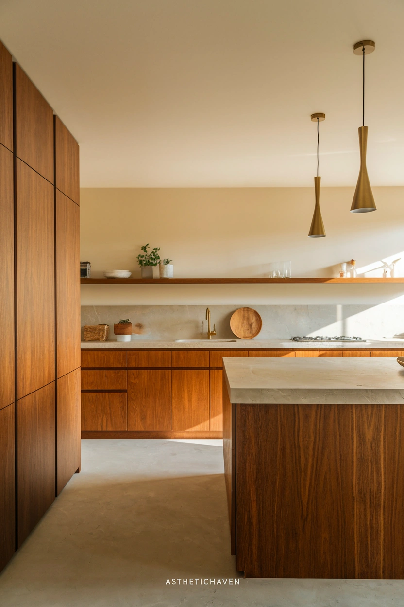 Realistic warm editorial kitchen photograph featuring rich natural oak cabinets, a large wood-panelled island, pale stone worktops, simple cream walls, brushed brass lighting, visible wood grain, soft afternoon sunlight, minimal decorative accessories, cosy modern atmosphere, clean Pinterest-friendly layout, strong focus on natural timber surfaces and texture, no people, no text overlay, high-resolution vertical 2:3 composition, small subtle “AstheticHaven” watermark placed in the lower corner.
