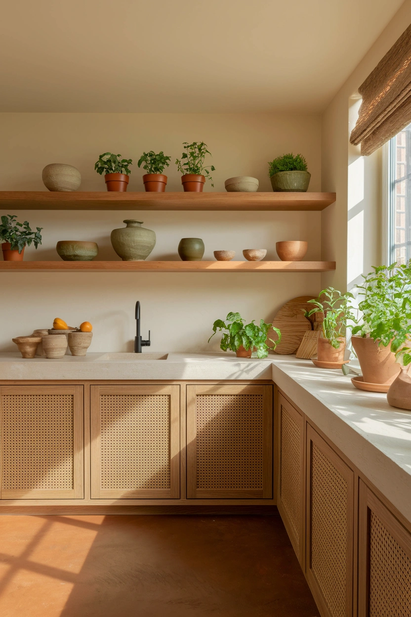 Warm modern editorial photograph of a nature-inspired kitchen featuring oak cabinets, open timber shelves, lightly textured stone worktops, handmade clay accessories, olive-green accents, potted herbs near a bright window, natural woven details, warm brown flooring, and gentle sunlight, realistic organic textures, calm uncluttered atmosphere, clean blog-friendly styling, strong focus on wood, stone, plants, and earthy colours, no people, no text overlay, high-quality Pinterest composition in a 2:3 vertical aspect ratio, subtle “AstheticHaven” watermark in the lower corner.