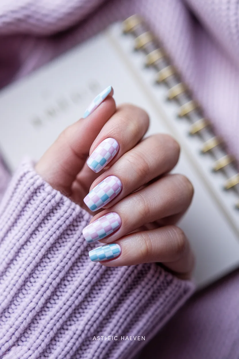 25 Cute Back to School Nail Ideas for a Stylish Semester 5 4. Pastel Checkerboard Art