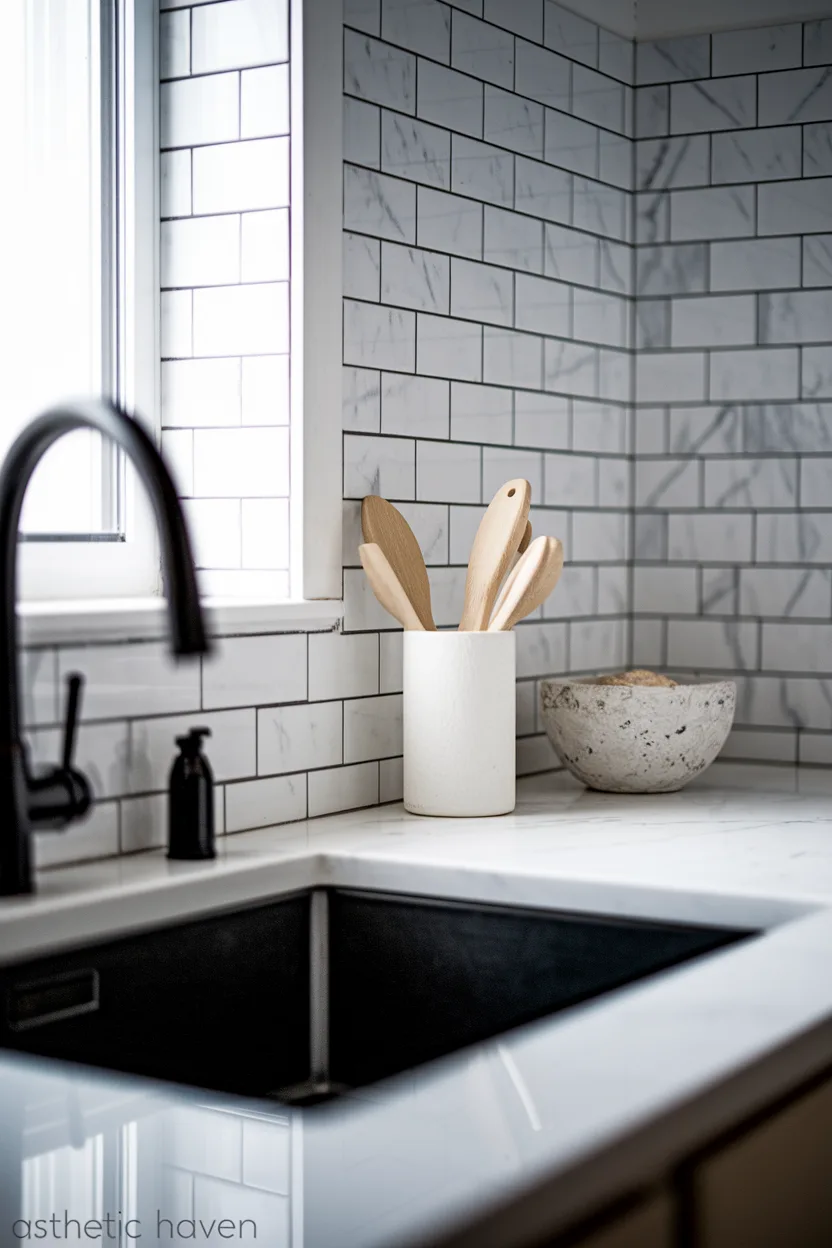 Peel-and-stick backsplash tiles installed over a degreased wall