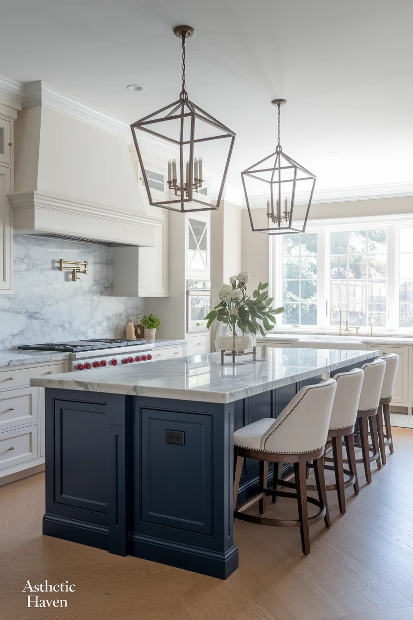 Kitchen island painted a contrasting cabinet enamel color