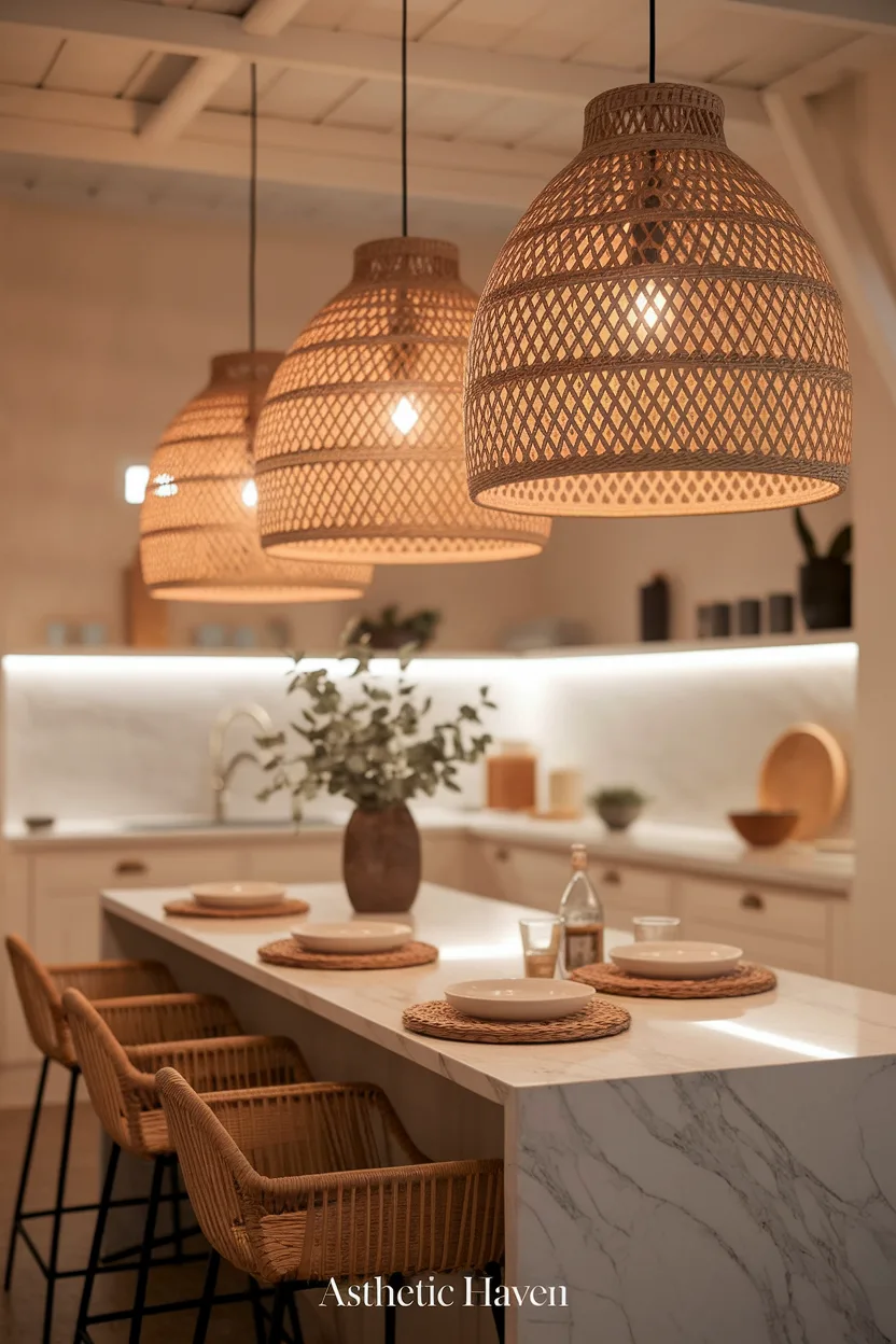 Pendant lights hung over a kitchen island on existing junction boxes