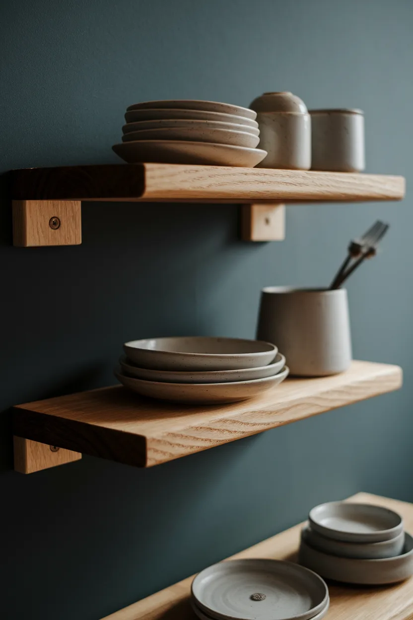 Wood floating shelves anchored into wall studs