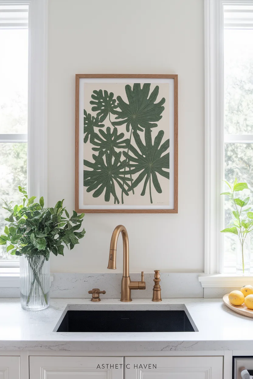 Framed print hung on a kitchen wall away from the hob