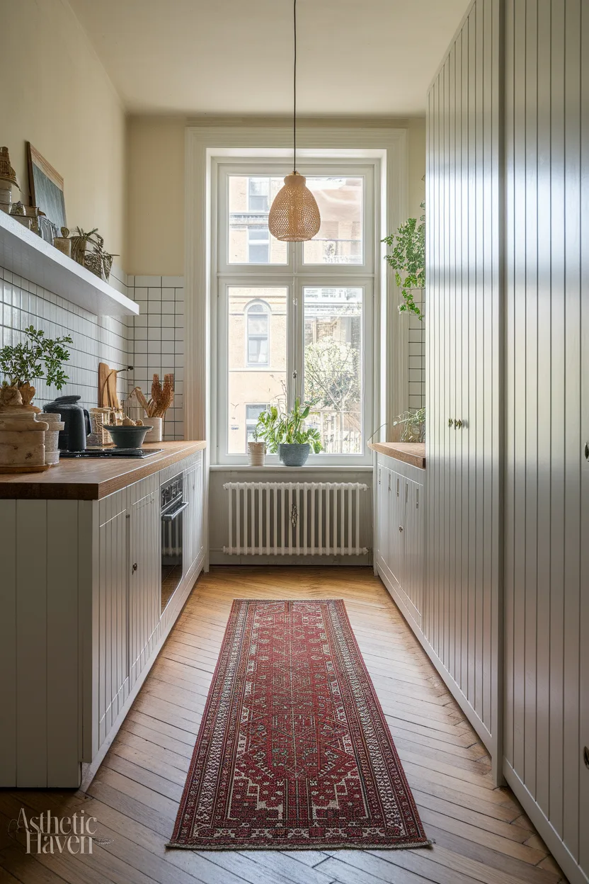 Low-profile washable runner rug in a kitchen walkway