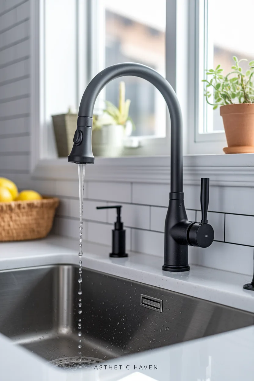 Single-hole pull-down kitchen faucet installed on existing sink holes