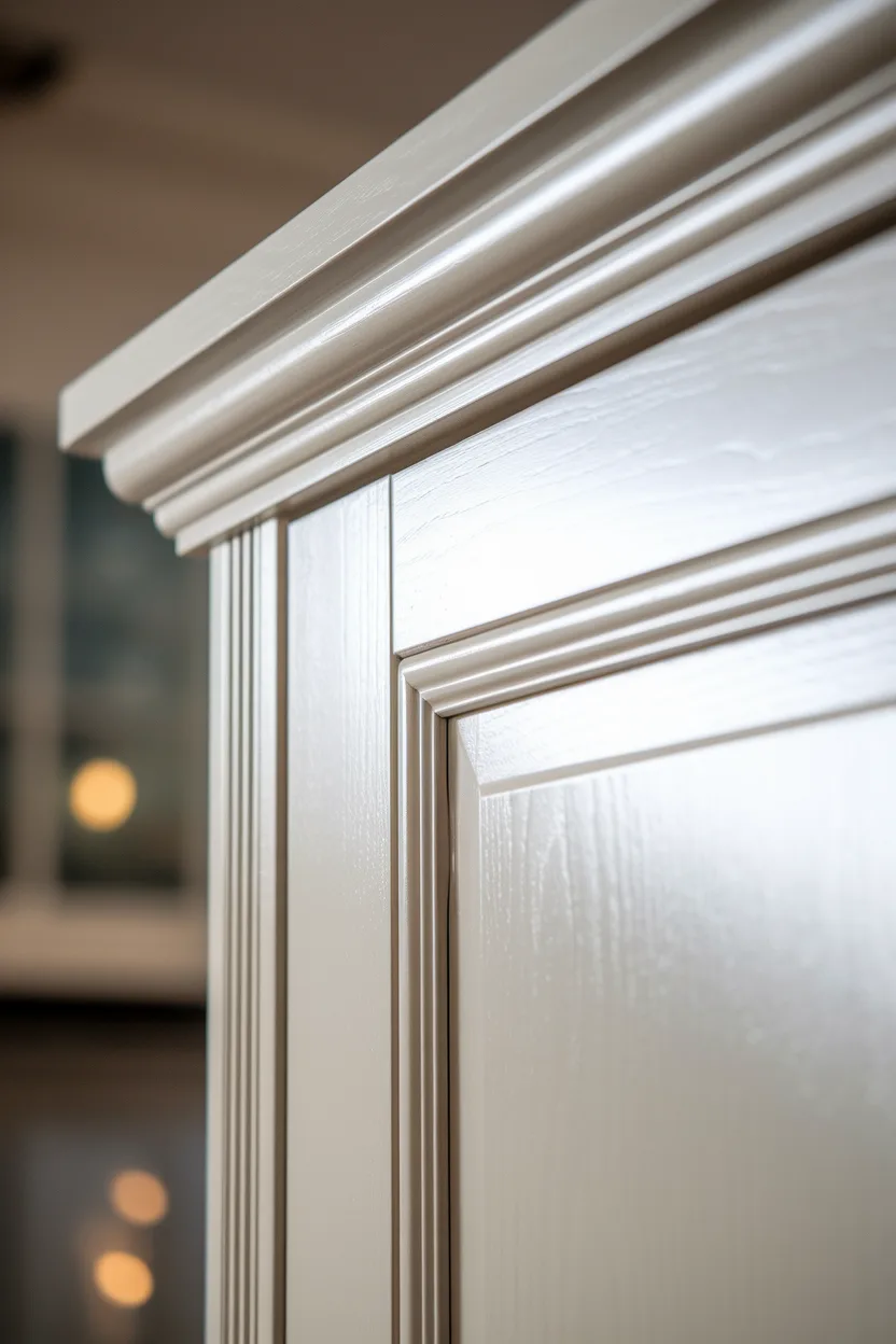 Mitered wood trim added to flat slab cabinet doors