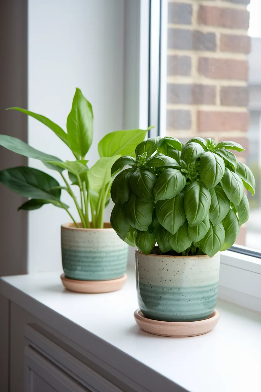 Potted herbs and a vase on a kitchen windowsill