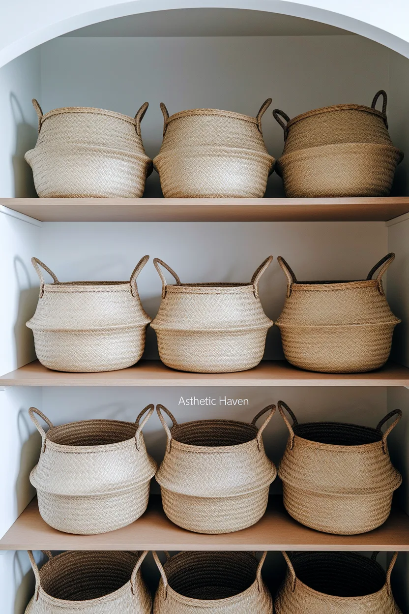 Woven baskets sized to pantry and open-shelf depths
