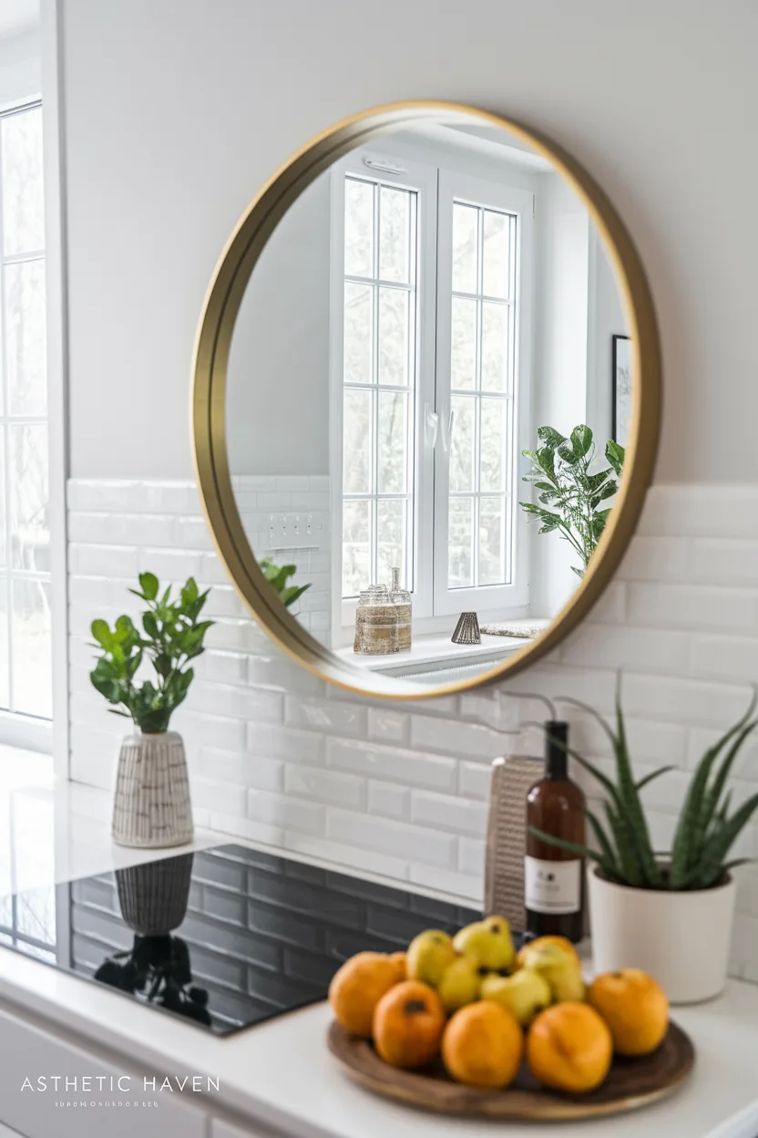 Framed wall mirror hung opposite a kitchen window