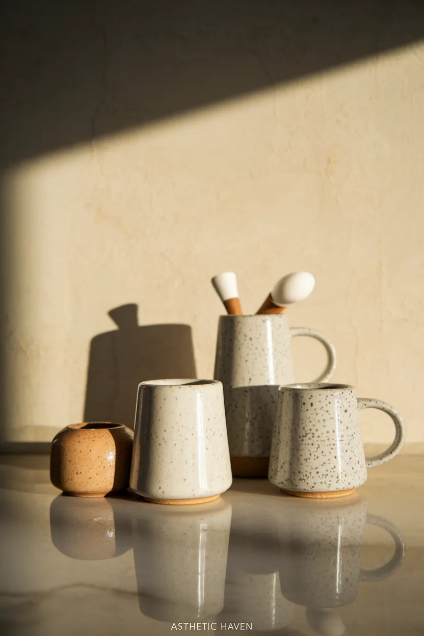 Coffee machine and mugs grouped on a tray near an outlet